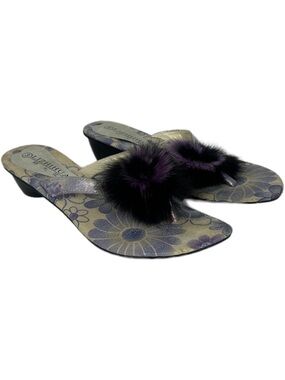 Lizhihua Purple Fuzzy Pom Pom Printed Sandals Low Heel Size 8 Mules Slip On Shoe